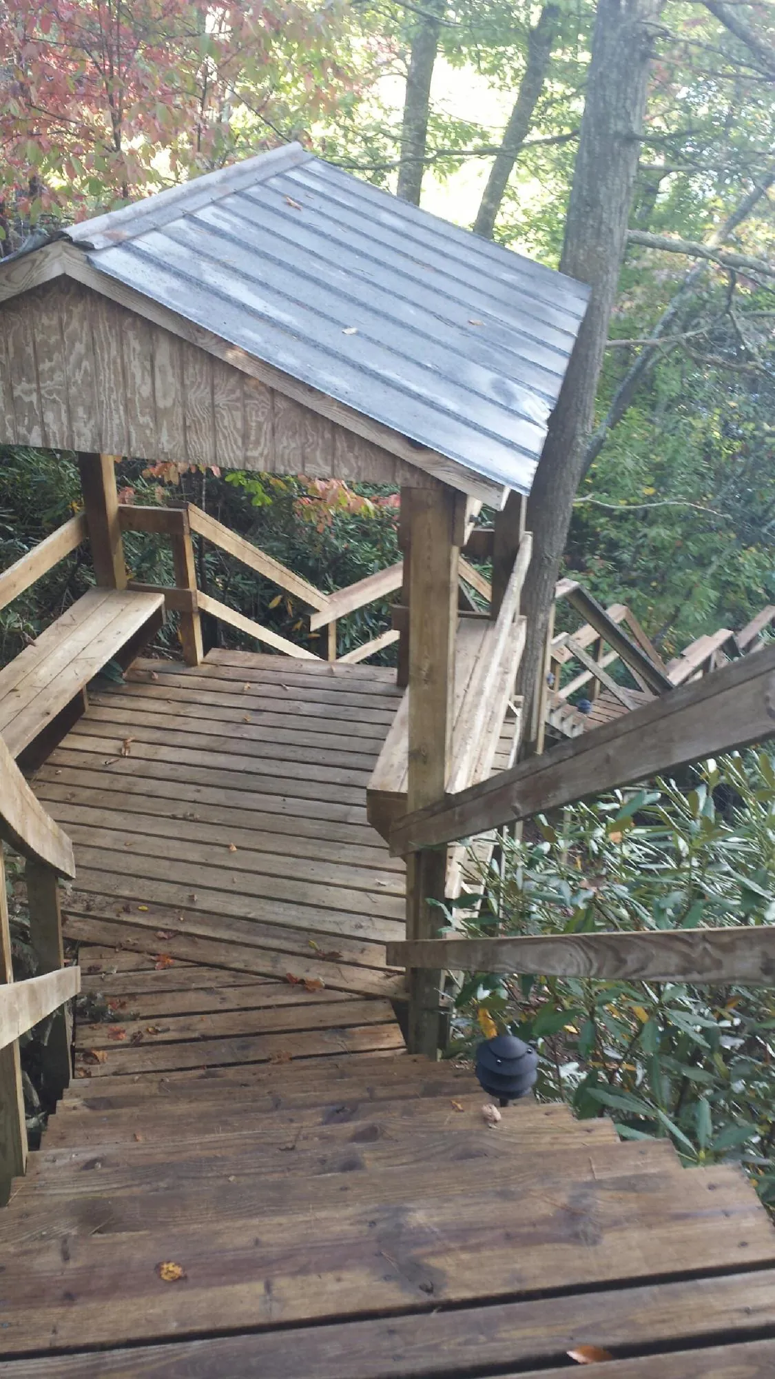 Metal roofed shelter over wooden steps on a wooded walkway — Skylight Repair & Installation work by our crew in Texarkana